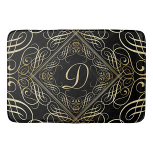 Elegant Gold Foil Look Scrollwork Script on Black Bath Mat