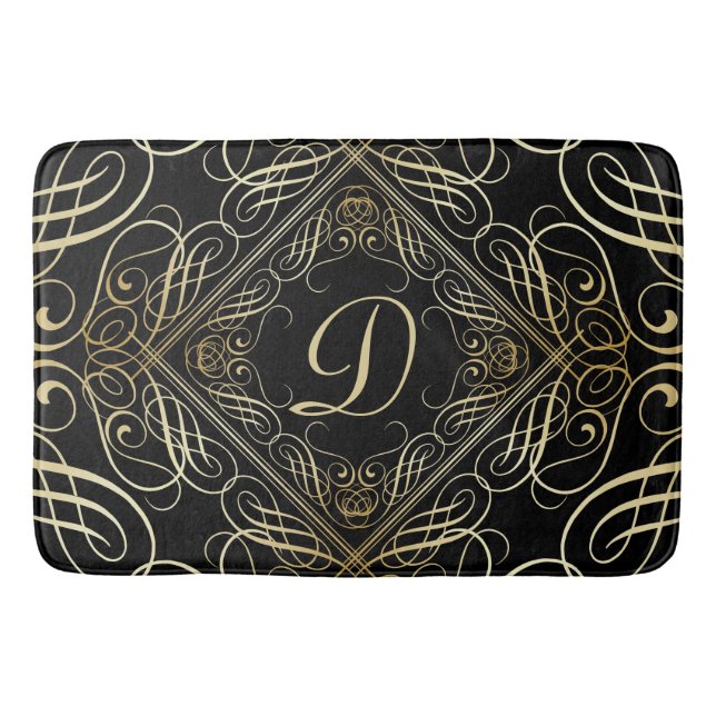 Elegant Gold Foil Look Scrollwork Script on Black Bath Mat (Front)