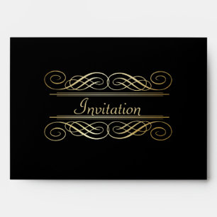Elegant Gold Foil Look Scrollwork Script on Black Envelope