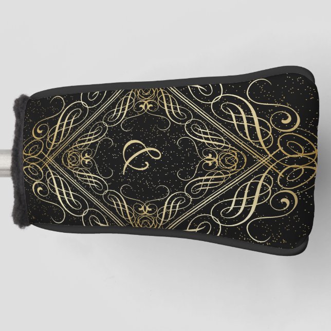 Elegant Gold Foil Look Scrollwork Script on Black  Golf Head Cover (Front)
