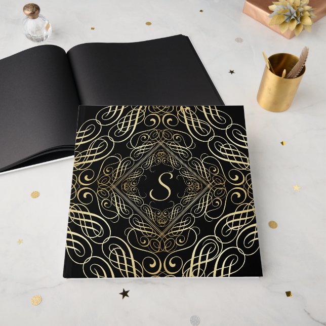 Elegant Gold Foil Look Scrollwork Script on Black Guest Book (Front Open)