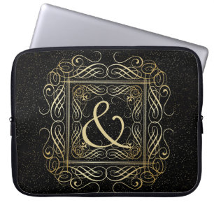 Elegant Gold Foil Look Scrollwork Script on Black Laptop Sleeve