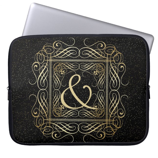 Elegant Gold Foil Look Scrollwork Script on Black Laptop Sleeve (Front)