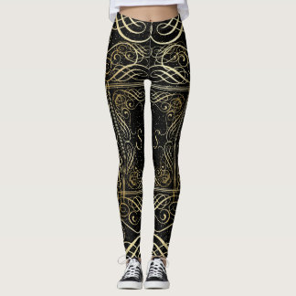 Elegant Gold Foil Look Scrollwork Script on Black Leggings