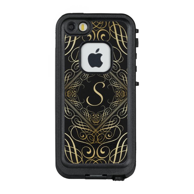 Elegant Gold Foil Look Scrollwork Script on Black LifeProof iPhone Case (Back)
