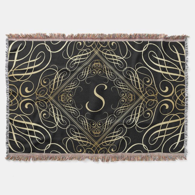 Elegant Gold Foil Look Scrollwork Script on Black Throw Blanket (Front)