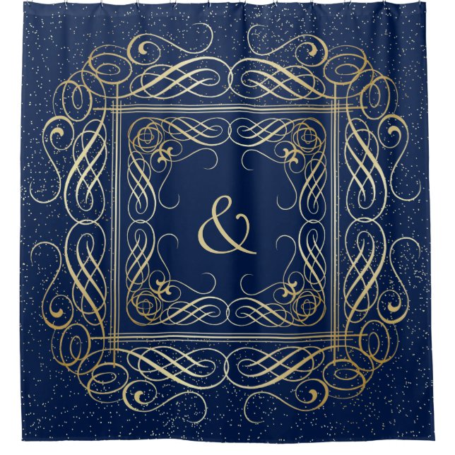 Elegant Gold Foil Look Scrollwork Script on Navy (Front)