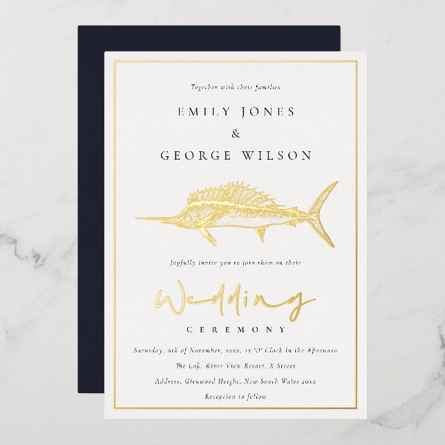 Elegant Gold Foil Navy Marline Fish Wedding (Front/Back)
