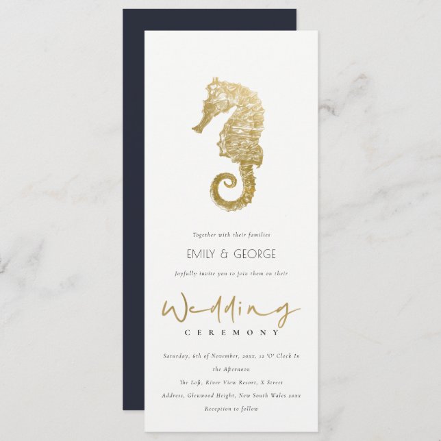 ELEGANT GOLD FOIL NAVY SEAHORSE WEDDING INVITATION (Front/Back)