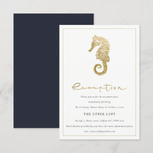 ELEGANT GOLD FOIL NAVY SEAHORSE WEDDING RECEPTION ENCLOSURE CARD