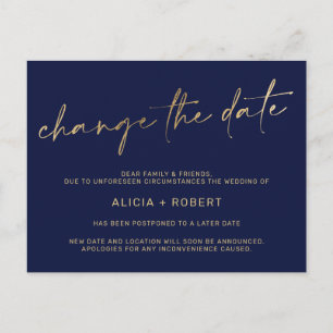 Elegant gold foil navy wedding change the date announcement postcard