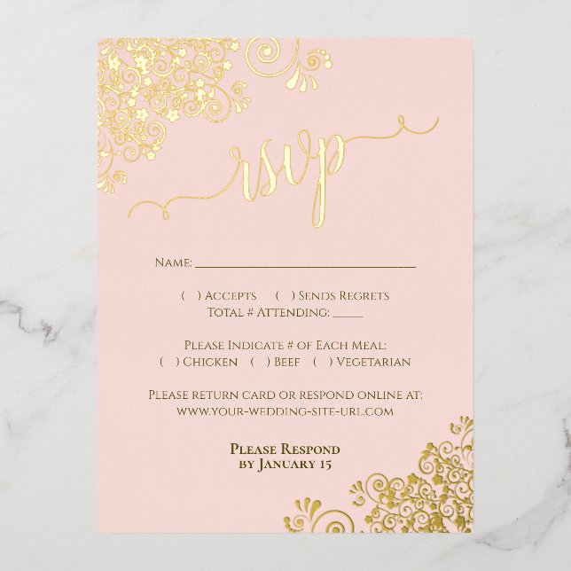 Elegant Gold Foil on Blush Pink Wedding RSVP Card (Front)