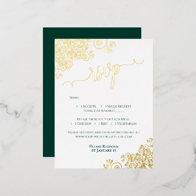 Elegant Gold Foil on Emerald Wedding RSVP Card (Front/Back)