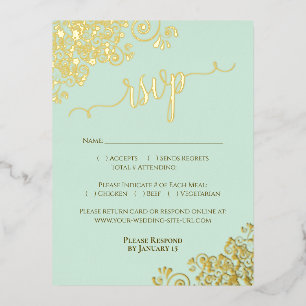 Elegant Gold Foil on Mint Green Wedding RSVP Card
