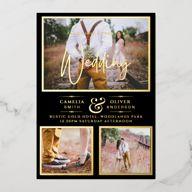 Elegant GOLD FOIL Photo Collage Black Wedding (Front)