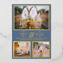Elegant GOLD FOIL Photo Collage Dusty Blue Wedding