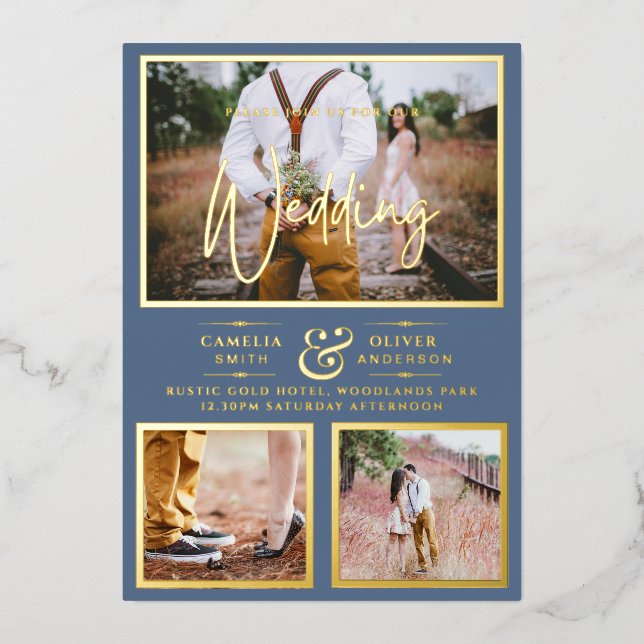 Elegant GOLD FOIL Photo Collage Dusty Blue Wedding (Front)