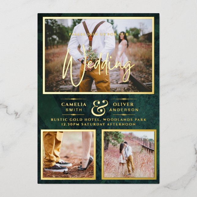 Elegant GOLD FOIL Photo Collage Green Wedding (Front)