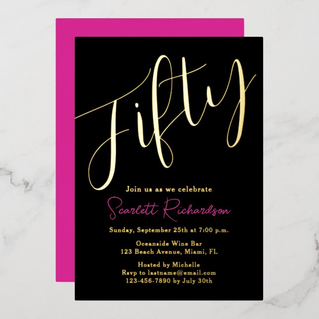Elegant Gold Foil Pink Black 50th Birthday Party (Front/Back)