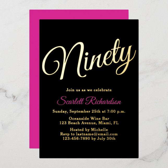 Elegant Gold Foil Pink Black 90th Birthday Party (Front/Back)