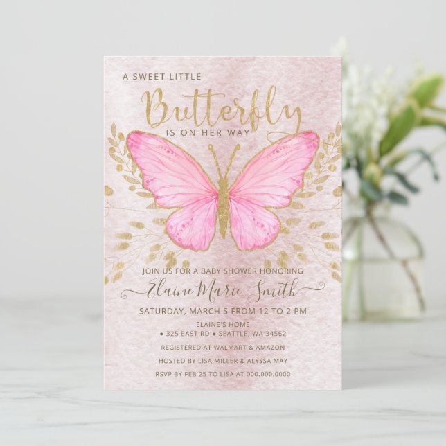 Elegant Gold Foil Pink Butterfly Baby Shower  Invi Invitation (Standing Front)