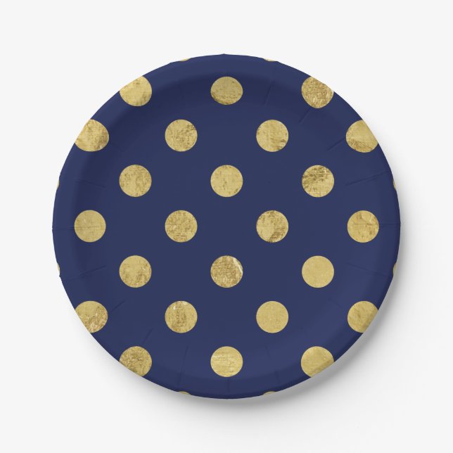 Elegant Gold Foil Polka Dot Pattern - Gold & Blue Paper Plate (Front)