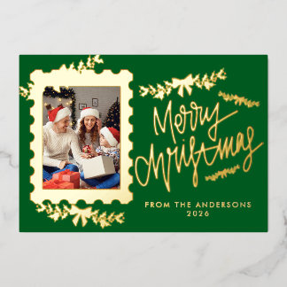 Elegant Gold Foil Postage Stamp Merry Christmas Holiday Card