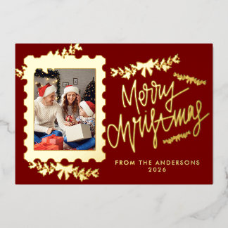 Elegant Gold Foil Postage Stamp Merry Christmas Holiday Card