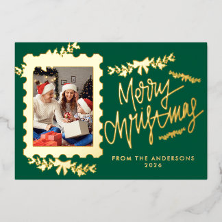 Elegant Gold Foil Postage Stamp Merry Christmas Holiday Card