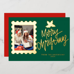 Elegant Gold Foil Postage Stamp Merry Christmas Holiday Card