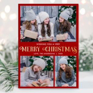 Elegant gold foil red Merry Christmas 3 photo Holiday Card