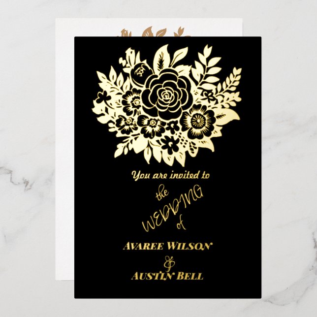 Elegant Gold Foil Rose Bouquet Black Wedding  (Front/Back)
