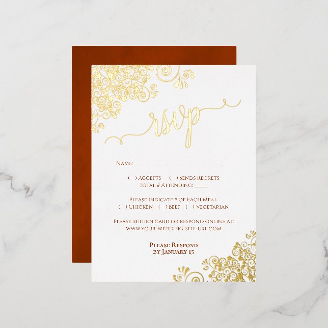 Elegant Gold Foil Rust Orange Wedding RSVP Card (Front/Back)