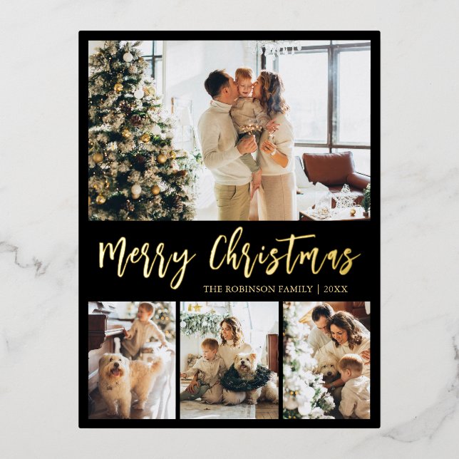 Elegant Gold Foil Script Collage Holiday Postcard (Front)