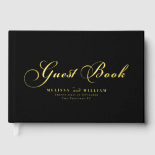 Elegant Gold Foil Script Modern Black Wedding Guest Book
