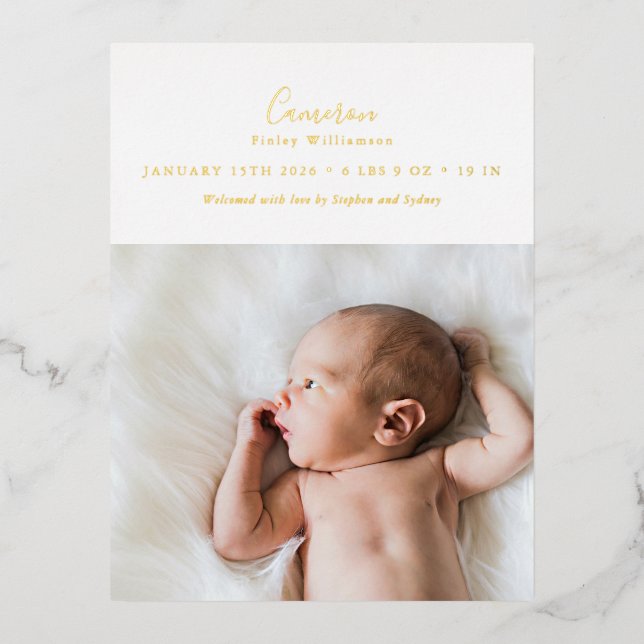 Elegant Gold Foil Script Photo Birth Announcement (Front)