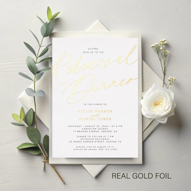 Elegant gold foil script wedding rehearsal dinner (Creator Uploaded)