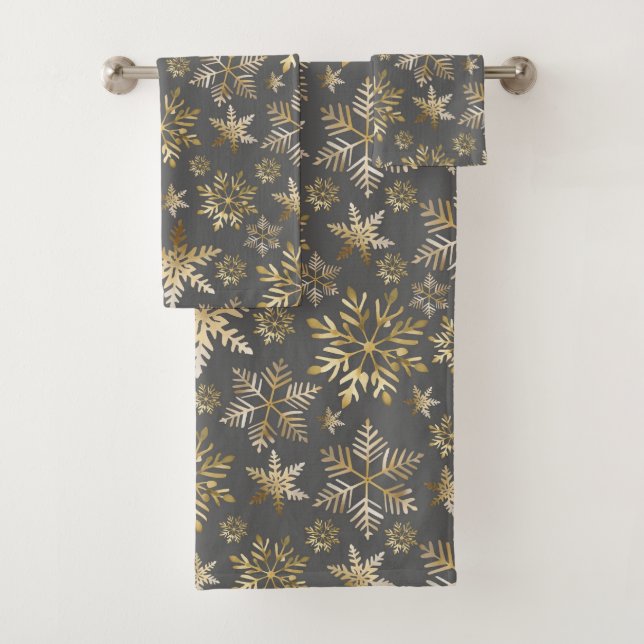 Elegant Gold Foil Snowflakes Grey Christmas Bath Towel Set (Insitu)