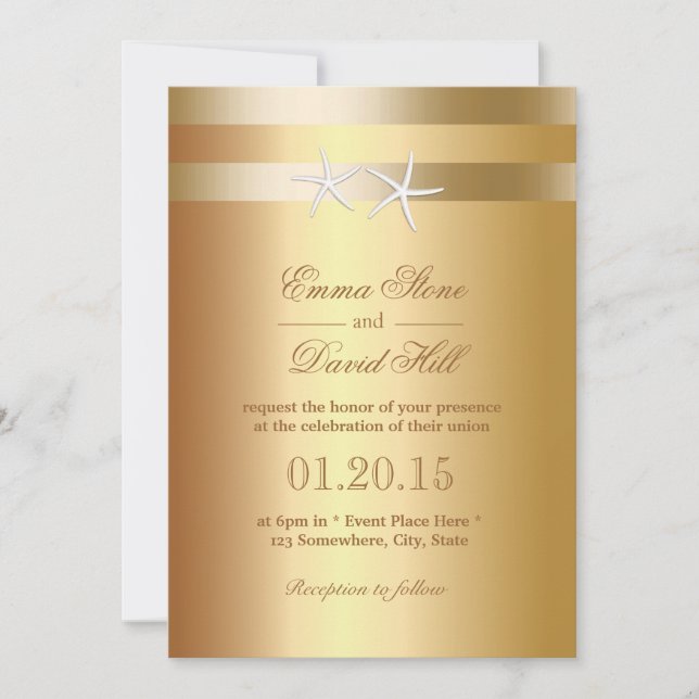 Elégant Gold Foil Starfish Invitations de mariage (Devant)