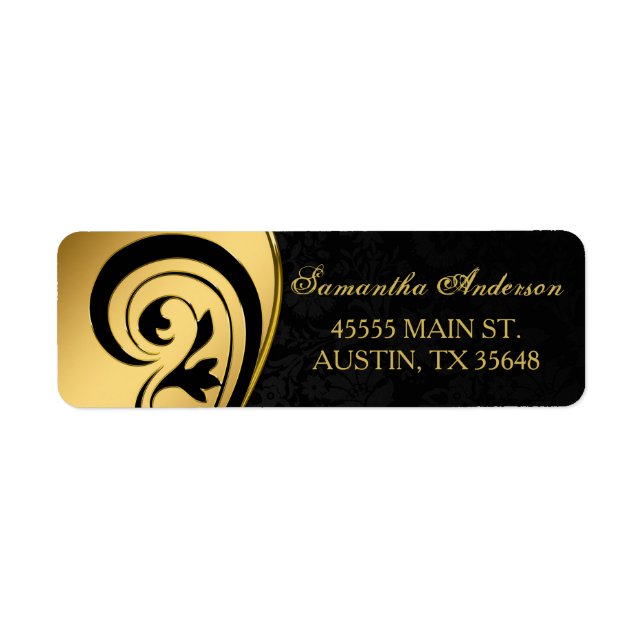 Elegant, gold foil, swirls, black damask address (Front)