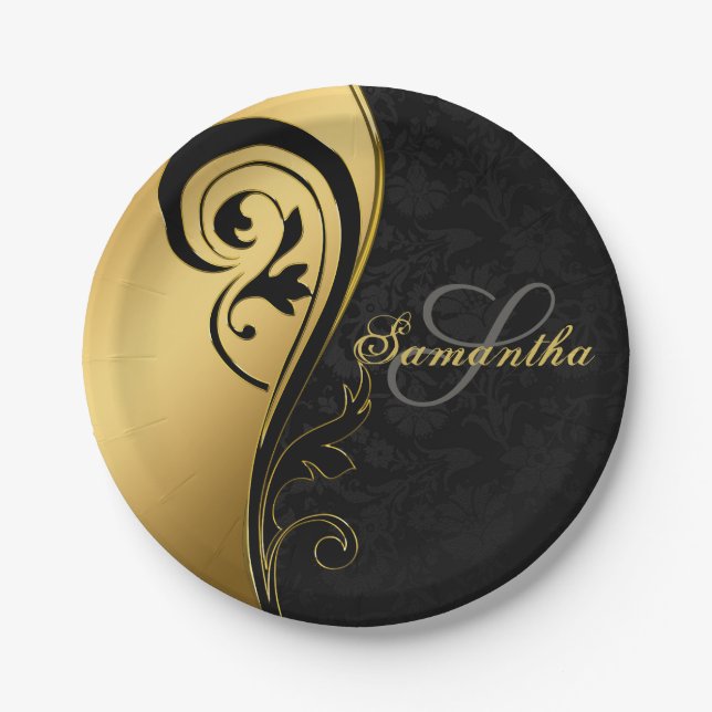 Elegant, gold foil, swirls, black damask, monogram paper plate (Front)