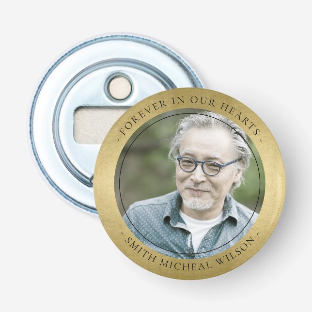 ELEGANT GOLD FOIL SYMPATHY MEMORIAL PHOTO BOTTLE OPENER (Front)
