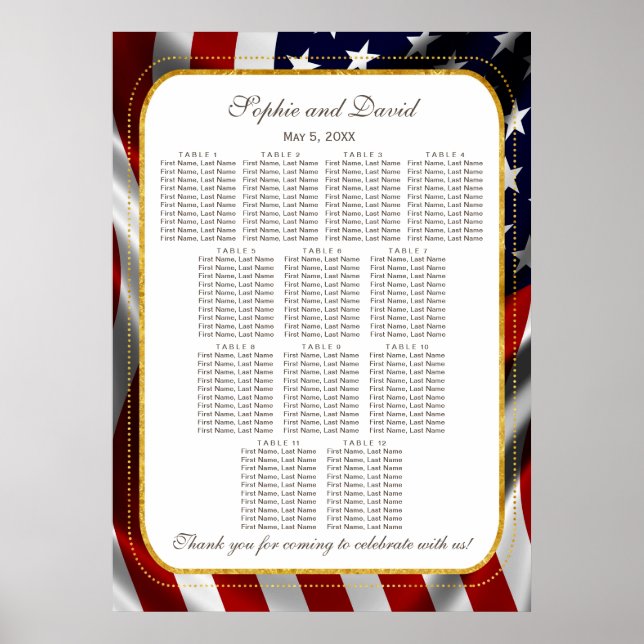 Elegant Gold Foil USA Flag Wedding Seating Chart (Front)