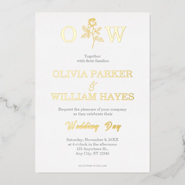 Elegant Gold Foil Wedding Day Foil Invitation (Front)