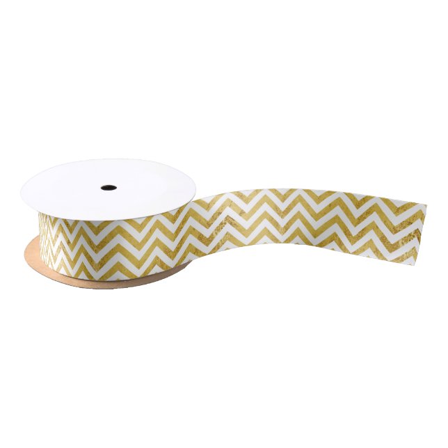 Elegant Gold Foil Zigzag Stripes Chevron Pattern Satin Ribbon (Spool)