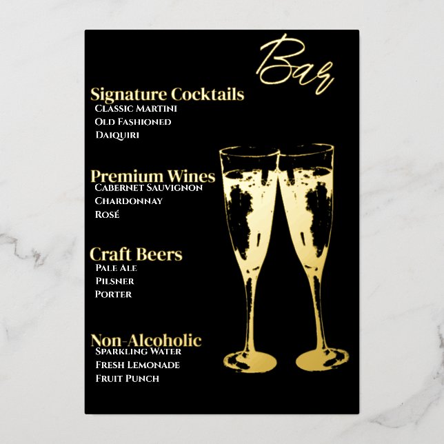 Elegant Gold-Foiled Cocktail Party Bar Menu (Front)