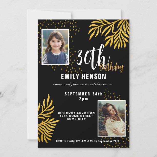  Elegant Gold Foliage 2 Photo 30th Birthday Party  Invitation (Front)