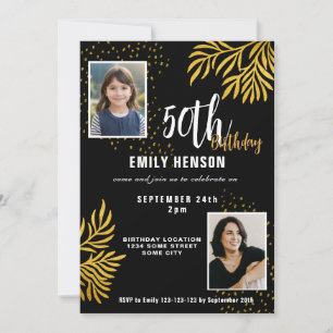  Elegant Gold Foliage 2 Photo 50th Birthday Party  Invitation