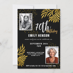  Elegant Gold Foliage 2 Photo 70th Birthday Party  Invitation
