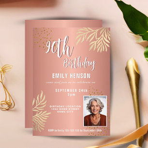 Elegant Gold Foliage 2 Photo 90th Birthday Party Invitation